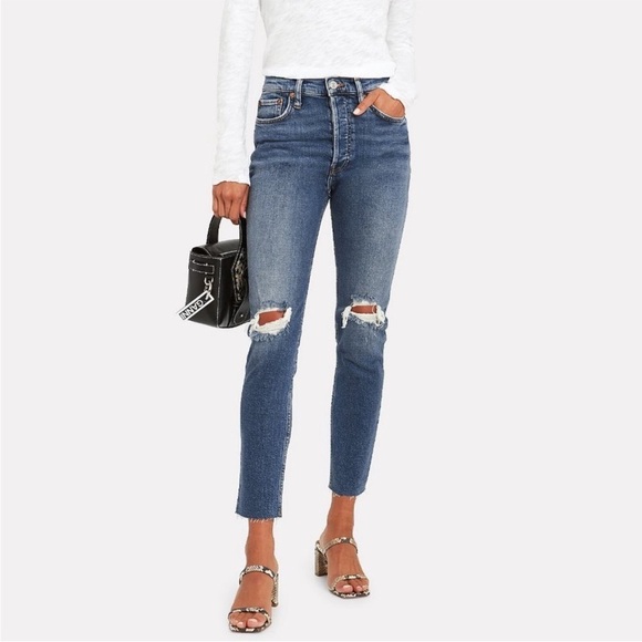 RE/DONE high rise ripped stovepipe designer jeans 25 Button Fly in The Wash - Picture 2 of 15